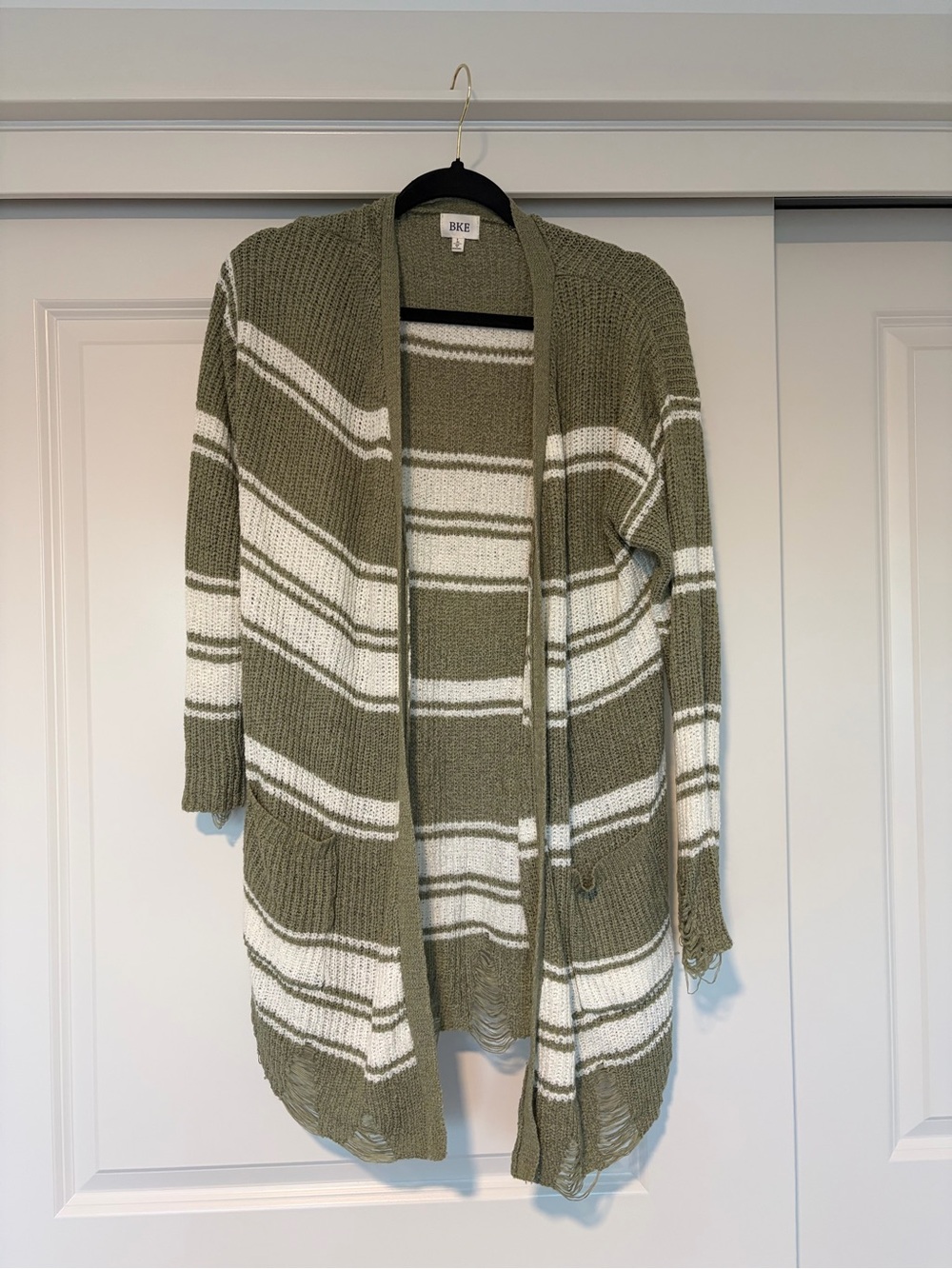 BKE Olive & White Striped Open-Front Cardigan Sweater